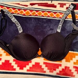 Victoria's Secret Black Push-Up Bikini Top with Rhinestone-Strap Detail